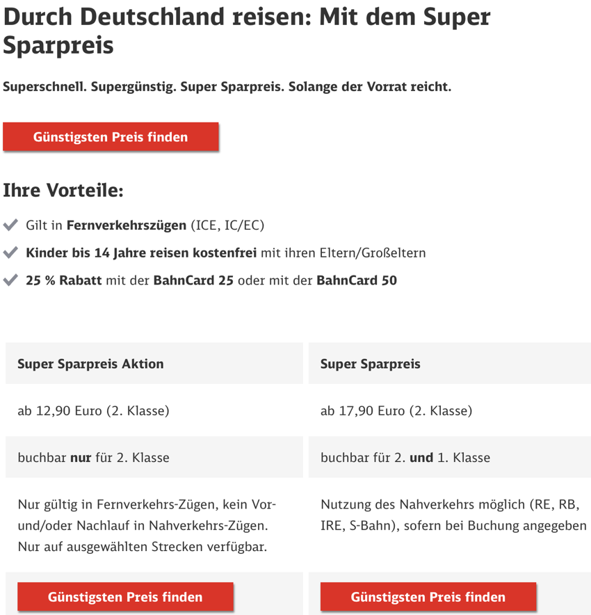 Super Sparpreis Aktion Bahn, bahn Tickets ab 12,90 Euro