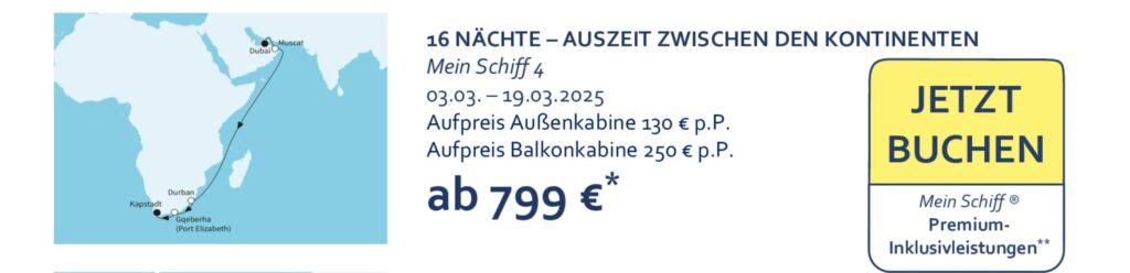 TUI Cruises Angebote der Woche z.B. 16 Nächte Auszeit zwischen den Kontinenten ab Dubai/bis Kapstadt inkl. Premium-Inklusive