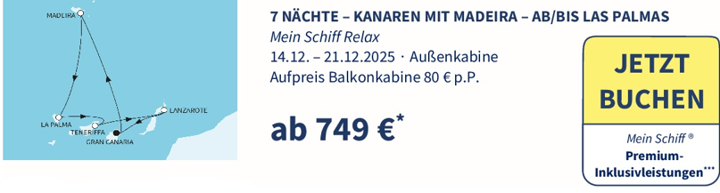 TUI Cruises Angebote der Woche z.B. 7 Nächte Kanaren in einer Außenkabine inkl. Premium-Inklusive