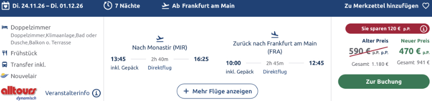 alltours Reiseziel der Woche: Tunesien z.B. 7 Nächte Hammamet inkl. Frühstück schon ab 470€ (statt 590€) p.P.